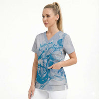 Personalized Louisiana Horse Racing Derby Scrub Top Magnolia Blossom Horseshoe Pastel Blue