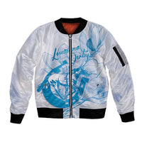 Personalized Louisiana Horse Racing Derby Sleeve Zip Bomber Jacket Magnolia Blossom Horseshoe Pastel Blue