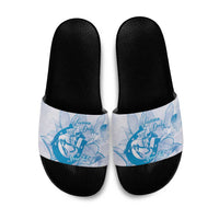 Personalized Louisiana Horse Racing Derby Slide Sandals Magnolia Blossom Horseshoe Pastel Blue