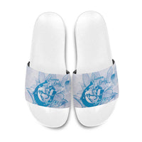 Personalized Louisiana Horse Racing Derby Slide Sandals Magnolia Blossom Horseshoe Pastel Blue