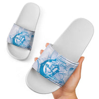 Personalized Louisiana Horse Racing Derby Slide Sandals Magnolia Blossom Horseshoe Pastel Blue