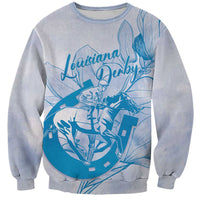 Personalized Louisiana Horse Racing Derby Sweatshirt Magnolia Blossom Horseshoe Pastel Blue