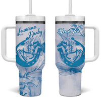 Personalized Louisiana Horse Racing Derby Tumbler With Handle Magnolia Blossom Horseshoe Pastel Blue