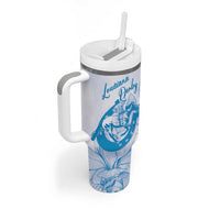 Personalized Louisiana Horse Racing Derby Tumbler With Handle Magnolia Blossom Horseshoe Pastel Blue