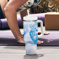 Personalized Louisiana Horse Racing Derby Tumbler With Handle Magnolia Blossom Horseshoe Pastel Blue