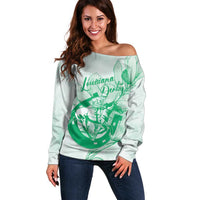 Personalized Louisiana Horse Racing Derby Off Shoulder Sweater Magnolia Blossom Horseshoe Pastel Green