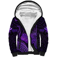Purple sherpa hoodie with black trim, large hood lining, and Polynesian-style artwork