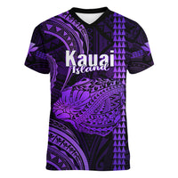 Polynesian Pride Hawaiian Islands Women V Neck T Shirt Kauai Map Purple Kanaka With Kakau - Wonder Print Shop