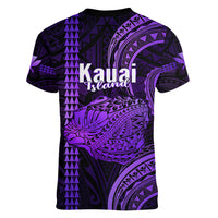 Polynesian Pride Hawaiian Islands Women V Neck T Shirt Kauai Map Purple Kanaka With Kakau - Wonder Print Shop