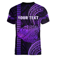 Personalised Hawaiian Islands Women V Neck T Shirt Kauai Map Purple Kanaka With Kakau - Wonder Print Shop