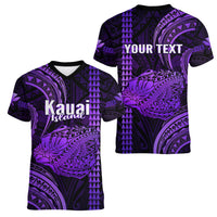 Personalised Hawaiian Islands Women V Neck T Shirt Kauai Map Purple Kanaka With Kakau - Wonder Print Shop