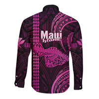 Polynesian Pride Hawaiian Islands Long Sleeve Button Shirt Maui Map Pink Kanaka With Kakau - Wonder Print Shop
