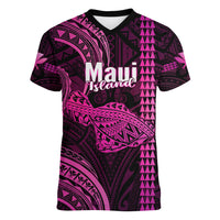 Polynesian Pride Hawaiian Islands Women V Neck T Shirt Maui Map Pink Kanaka With Kakau - Wonder Print Shop