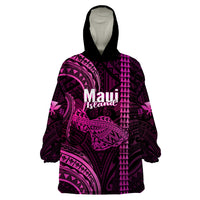 Personalised Hawaiian Islands Wearable Blanket Hoodie Maui Map Pink Kanaka With Kakau - Wonder Print Shop