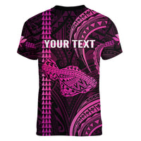 Personalised Hawaiian Islands Women V Neck T Shirt Maui Map Pink Kanaka With Kakau - Wonder Print Shop