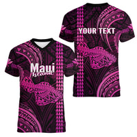 Personalised Hawaiian Islands Women V Neck T Shirt Maui Map Pink Kanaka With Kakau - Wonder Print Shop