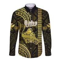 Polynesian Pride Hawaiian Islands Long Sleeve Button Shirt Oahu Map Yellow Kanaka With Kakau - Wonder Print Shop