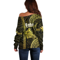 Polynesian Pride Hawaiian Islands Off Shoulder Sweater Oahu Map Yellow Kanaka With Kakau - Wonder Print Shop