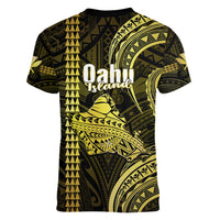 Polynesian Pride Hawaiian Islands Women V Neck T Shirt Oahu Map Yellow Kanaka With Kakau - Wonder Print Shop