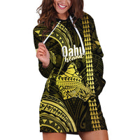 Personalised Hawaiian Islands Hoodie Dress Oahu Map Yellow Kanaka With Kakau - Wonder Print Shop