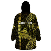 Personalised Hawaiian Islands Wearable Blanket Hoodie Oahu Map Yellow Kanaka With Kakau - Wonder Print Shop