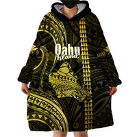Personalised Hawaiian Islands Wearable Blanket Hoodie Oahu Map Yellow Kanaka With Kakau - Wonder Print Shop