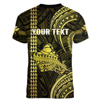 Personalised Hawaiian Islands Women V Neck T Shirt Oahu Map Yellow Kanaka With Kakau - Wonder Print Shop