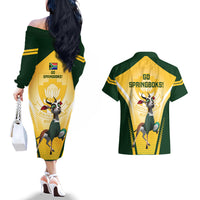 South Africa Rugby Couples Matching Off The Shoulder Long Sleeve Dress and Hawaiian Shirt 2023 World Cup Springboks Mascot - Wonder Print Shop