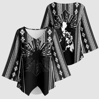 Mabuhay Philippines Festival Kimono Sleeve Blouse Filipino Map Black White Igorot Pattern