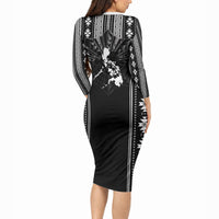 Mabuhay Philippines Festival Long Sleeve Bodycon Dress Filipino Map Black White Igorot Pattern