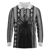 Mabuhay Philippines Festival Long Sleeve Polo Shirt Filipino Map Black White Igorot Pattern