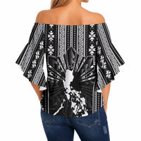 Mabuhay Philippines Festival Off Shoulder Wrap Waist Top Filipino Map Black White Igorot Pattern
