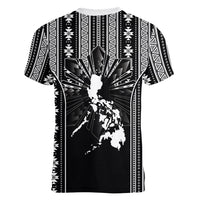 Mabuhay Philippines Festival Women V-Neck T-Shirt Filipino Map Black White Igorot Pattern