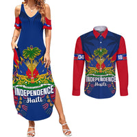 Personalised Haiti Independence Day Couples Matching Summer Maxi Dress and Long Sleeve Button Shirt Ayiti 220th Anniversary With Dashiki Pattern - Wonder Print Shop