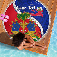Personalised Haiti Independence Day Beach Blanket Ayiti National Emblem With Polynesian Pattern - Wonder Print Shop