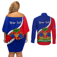 Personalised Haiti Independence Day Couples Matching Off Shoulder Short Dress and Long Sleeve Button Shirt Ayiti National Emblem With Polynesian Pattern - Wonder Print Shop