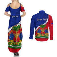 Personalised Haiti Independence Day Couples Matching Summer Maxi Dress and Long Sleeve Button Shirt Ayiti National Emblem With Polynesian Pattern - Wonder Print Shop