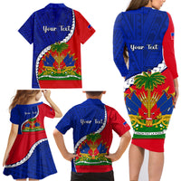 Personalised Haiti Independence Day Family Matching Long Sleeve Bodycon Dress and Hawaiian Shirt Ayiti National Emblem With Polynesian Pattern - Wonder Print Shop