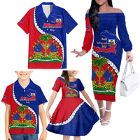 Personalised Haiti Independence Day Family Matching Off Shoulder Long Sleeve Dress and Hawaiian Shirt Ayiti National Emblem With Polynesian Pattern - Wonder Print Shop