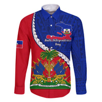 Personalised Haiti Independence Day Family Matching Off Shoulder Long Sleeve Dress and Hawaiian Shirt Ayiti National Emblem With Polynesian Pattern - Wonder Print Shop