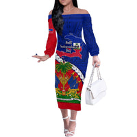 Personalised Haiti Independence Day Family Matching Off Shoulder Long Sleeve Dress and Hawaiian Shirt Ayiti National Emblem With Polynesian Pattern - Wonder Print Shop