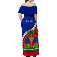 Personalised Haiti Independence Day Family Matching Off Shoulder Maxi Dress and Hawaiian Shirt Ayiti National Emblem With Polynesian Pattern - Wonder Print Shop