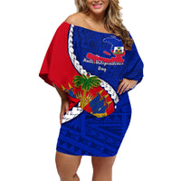 Personalised Haiti Independence Day Family Matching Off Shoulder Short Dress and Hawaiian Shirt Ayiti National Emblem With Polynesian Pattern - Wonder Print Shop