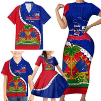 Personalised Haiti Independence Day Family Matching Short Sleeve Bodycon Dress and Hawaiian Shirt Ayiti National Emblem With Polynesian Pattern - Wonder Print Shop