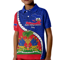 Personalised Haiti Independence Day Kid Polo Shirt Ayiti National Emblem With Polynesian Pattern - Wonder Print Shop