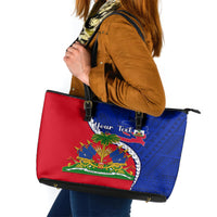 Personalised Haiti Independence Day Leather Tote Bag Ayiti National Emblem With Polynesian Pattern - Wonder Print Shop