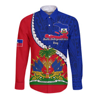 Personalised Haiti Independence Day Long Sleeve Button Shirt Ayiti National Emblem With Polynesian Pattern - Wonder Print Shop