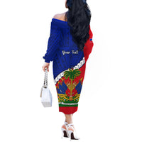 Personalised Haiti Independence Day Off The Shoulder Long Sleeve Dress Ayiti National Emblem With Polynesian Pattern - Wonder Print Shop
