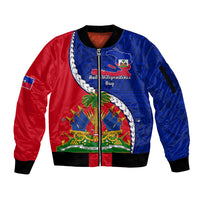 Personalised Haiti Independence Day Sleeve Zip Bomber Jacket Ayiti National Emblem With Polynesian Pattern - Wonder Print Shop