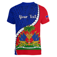 Personalised Haiti Independence Day Women V Neck T Shirt Ayiti National Emblem With Polynesian Pattern - Wonder Print Shop